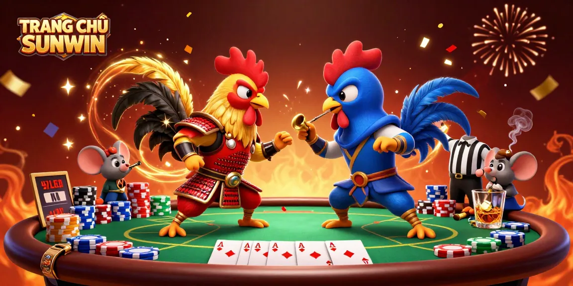 Engage with TRANG CHỦ SUNWIN in this vibrant 3D scene featuring rooster fighters, poker dynamics, and rich casino elements.