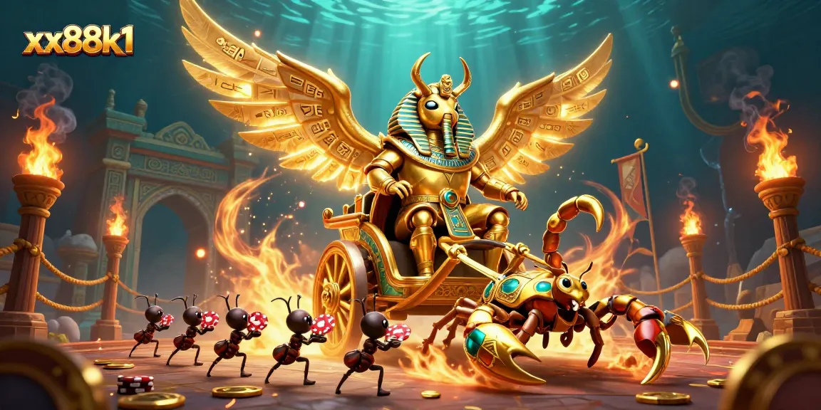Win exciting jackpots at xx88k1 with dynamic gaming action featuring golden scarabs and vibrant casino elements.