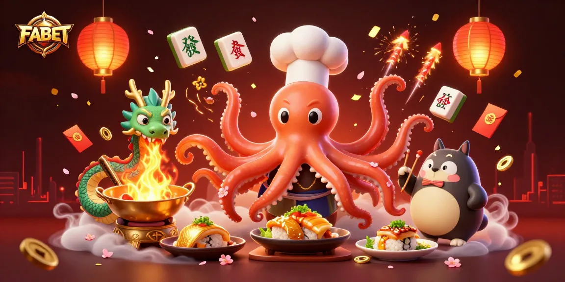 FABET's dynamic casino scene with a sushi octopus chef, dragon, and tanuki celebrating victory.