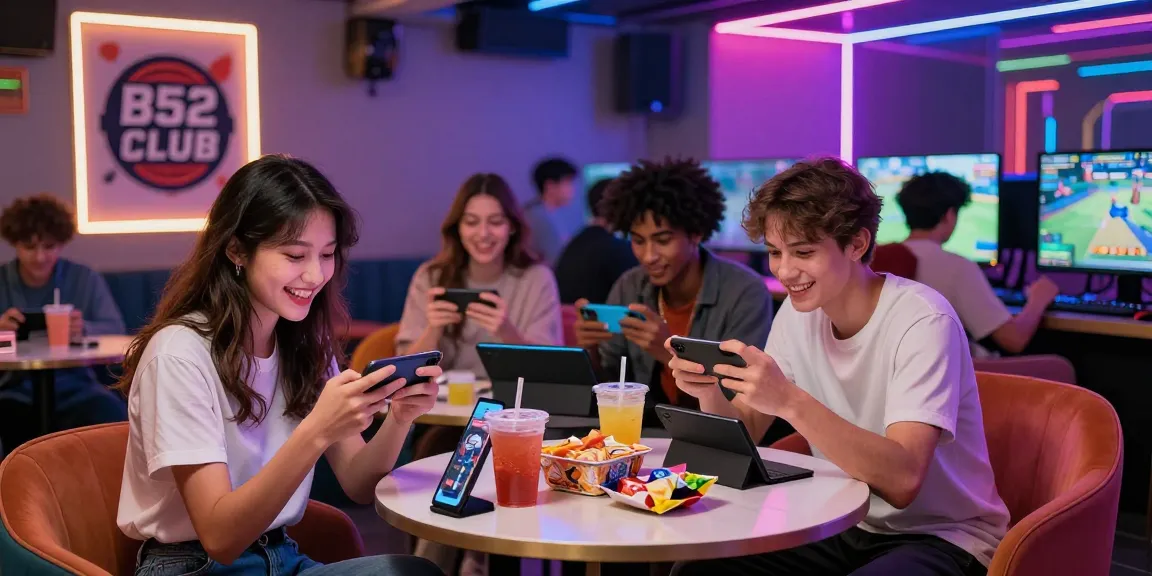 Exciting gaming lounge scene featuring friends enjoying games at B52 CLUB, illustrating vibrant gaming culture.