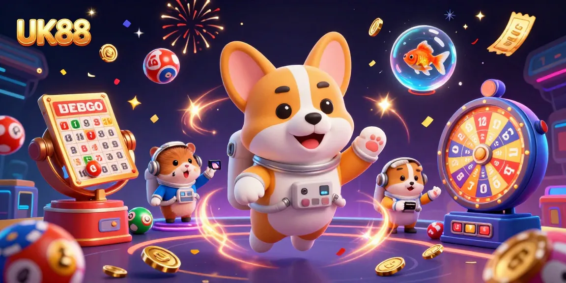 Experience the excitement of UK88 with a vibrant 3D illustration showcasing a cartoon corgi in a space casino.