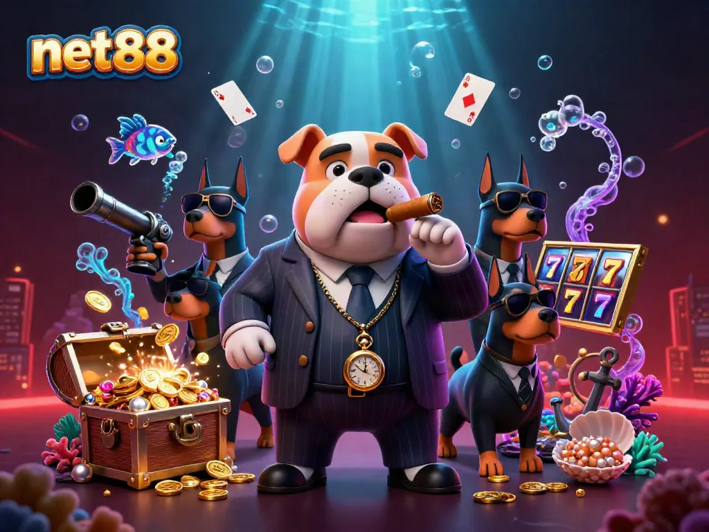 Experience thrilling gaming at net88 with a vibrant scene of a mafia boss and his bodyguard dogs amidst treasures and slots.