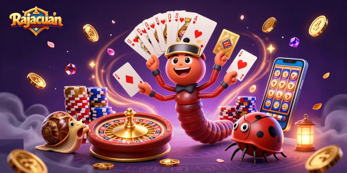 Permainan Rajacuan yang menggembirakan dengan dealer kartun memegang kartu dan tumpukan chip.