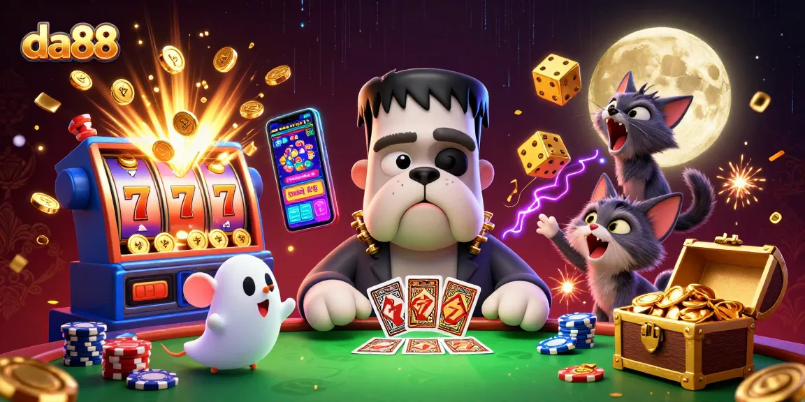 Engage with da88's thrilling casino action featuring a Frankenstein bulldog and dramatic gaming elements.