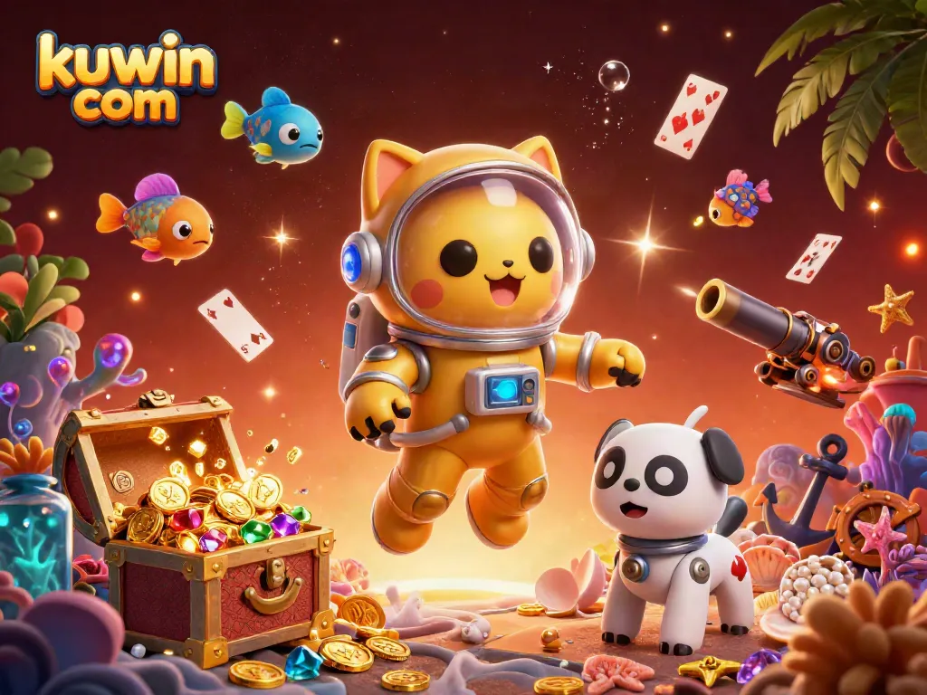 Experience excitement at kuwin com with an astronaut cat and a rocket dog in a vibrant casino-themed scene.