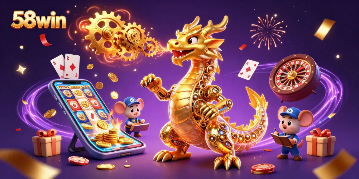 Engage with thrilling gaming experiences at 58win, showcasing a dynamic dragon and vibrant casino elements.