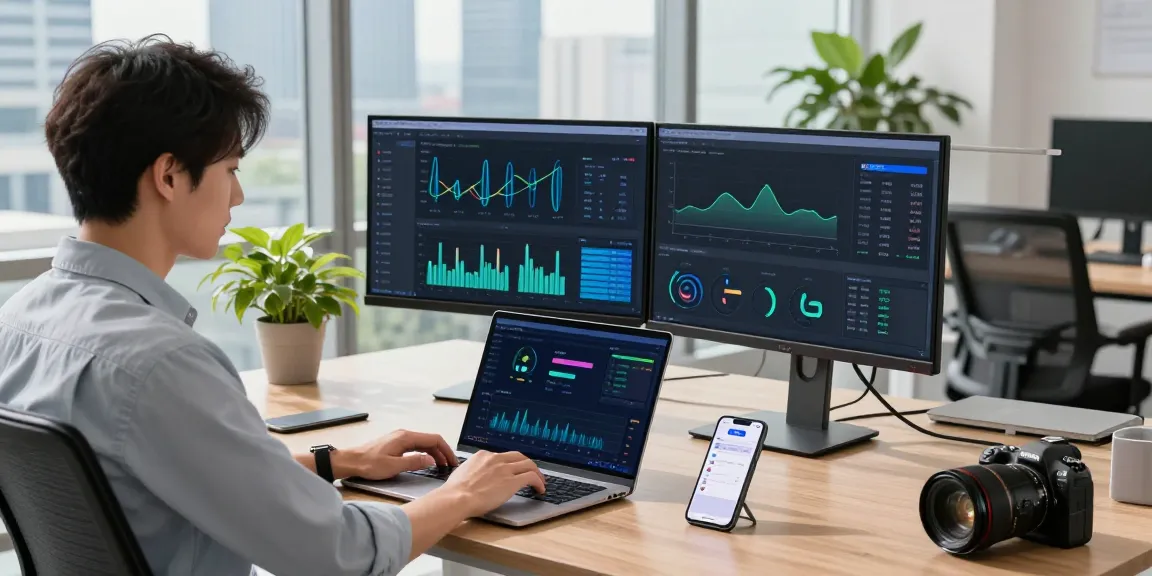 Using快连 for seamless internet connection in modern tech workspace with dual-monitor setup.