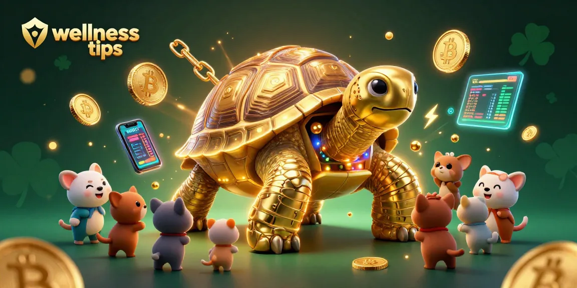 Experience wellness tips while playing at a vibrant casino with golden tortoise and crypto elements.