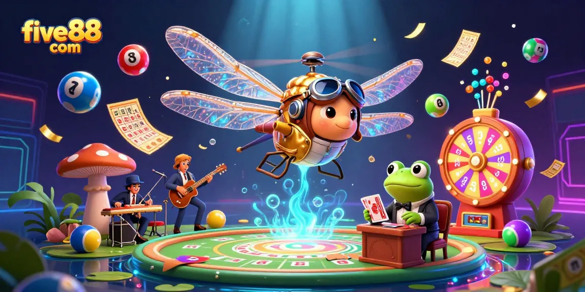 Engage with vibrant gaming fun at five88 com with our dynamic lily pad casino scene featuring playful characters.