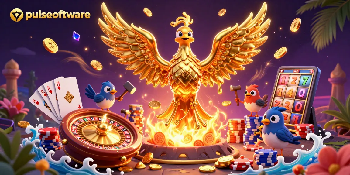 Pulsesoftware showcases a dynamic 3D illustration of a golden phoenix and casino elements, capturing thrilling gaming moments.