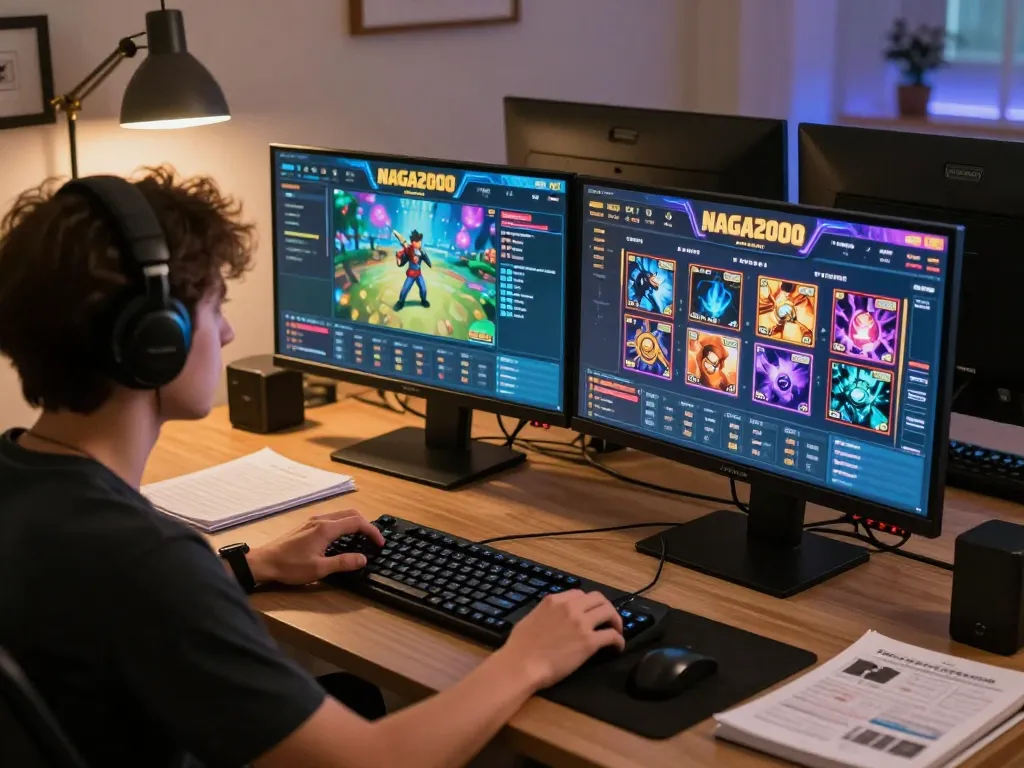 NAGA2000 player engaging with vibrant slot games on dual screens in a cozy home office.