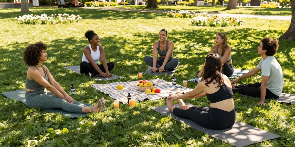 Ministry of Cannabis outdoor recovery scene with friends using CBD oil, conveying wellness and relaxation.