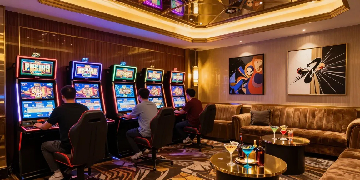 Suasana mewah di lounge permainan LUXURY777 dengan mesin slot dan pencahayaan ambient.