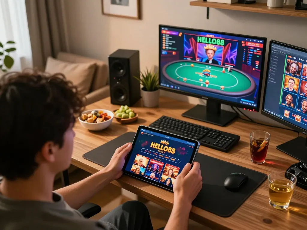Player enjoying BETTING strategies on HELLO88 casino app in a stylish home office.