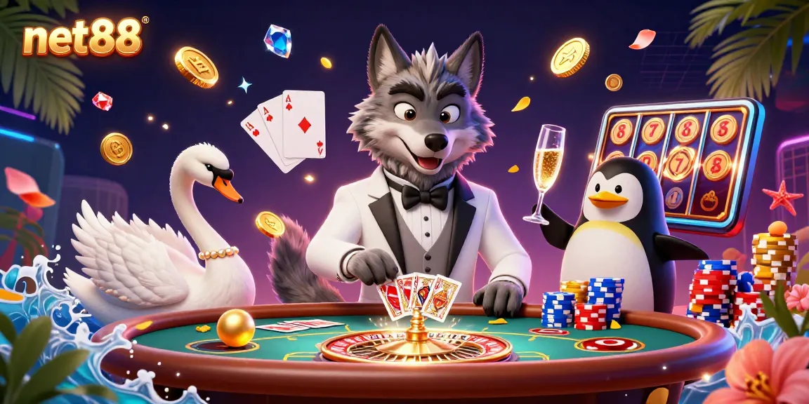 Experience net88 excitement at a vibrant casino with characters and dynamic game elements all around.