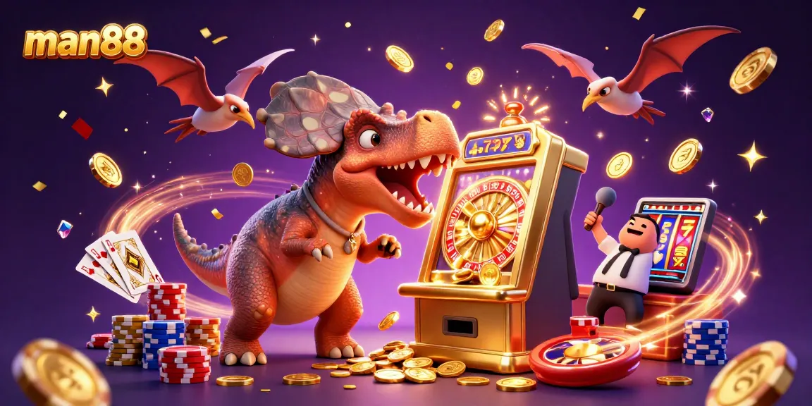 man88 captures the thrill of jackpot wins with cartoon dinosaurs in a vibrant casino scene.