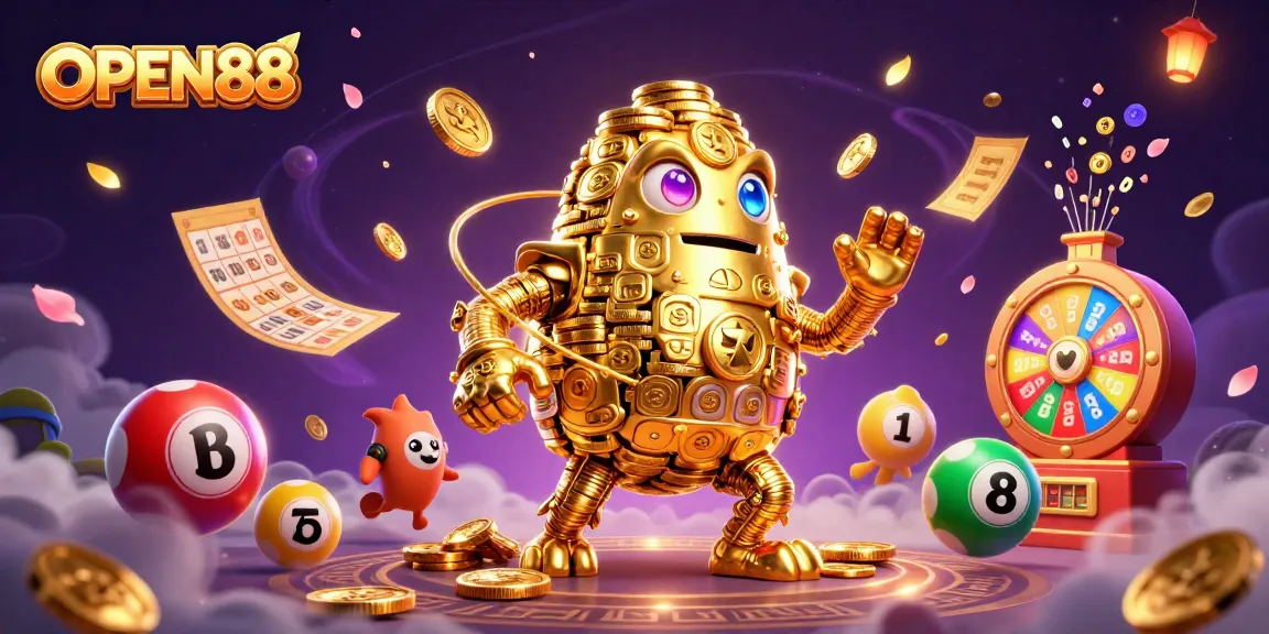 Engage in exciting gambling adventures with OPEN88, as golden golem and dynamic game elements create a vibrant casino atmosphere.
