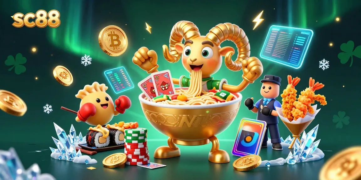 Experience thrilling action at sc88 with a vibrant casino scene featuring a golden ramen bowl and crypto elements.