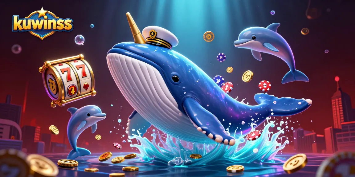 Kuwinss invites players to experience thrilling casino excitement with a lively whale breaching through coins.