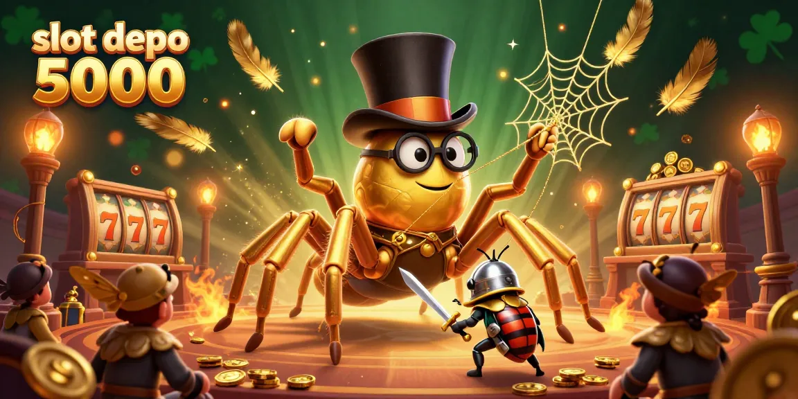 Engage with slot depo 5000 in a vibrant 3D scene showcasing a golden tarantula and beetle knight amidst casino elements.