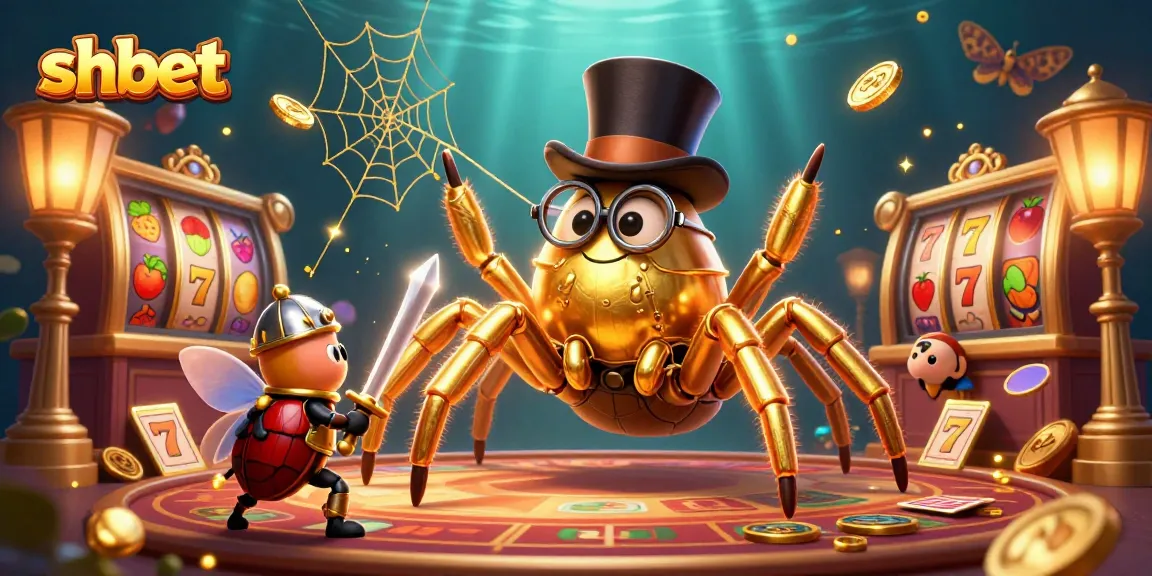 Experience thrilling shbet gameplay with a golden tarantula and beetle knight in a vibrant casino scene.