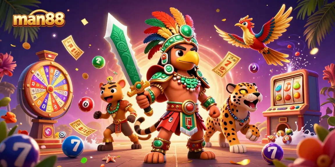Engage with man88 in a vibrant 3D casino scene featuring colorful jackpot elements and Aztec warriors.