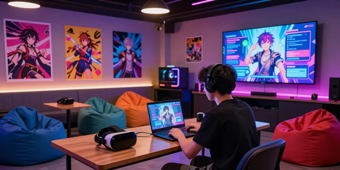 Engaging in lively ai ecchi chat with vibrant anime characters in a modern gaming lounge.