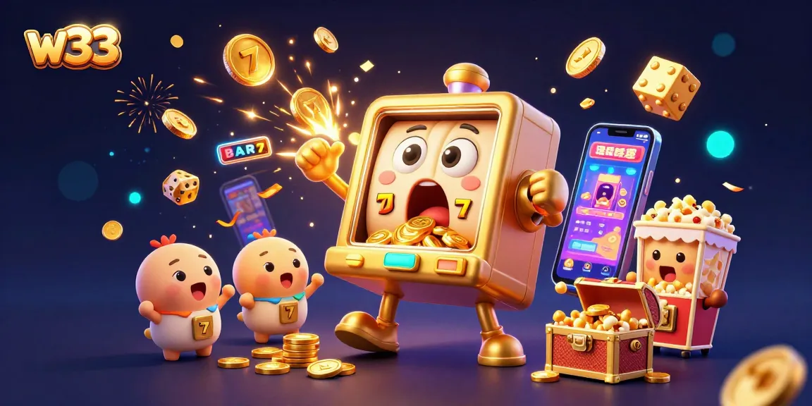 w33 casino illustration with golden slot machines celebrating jackpots amidst a lively gaming atmosphere.