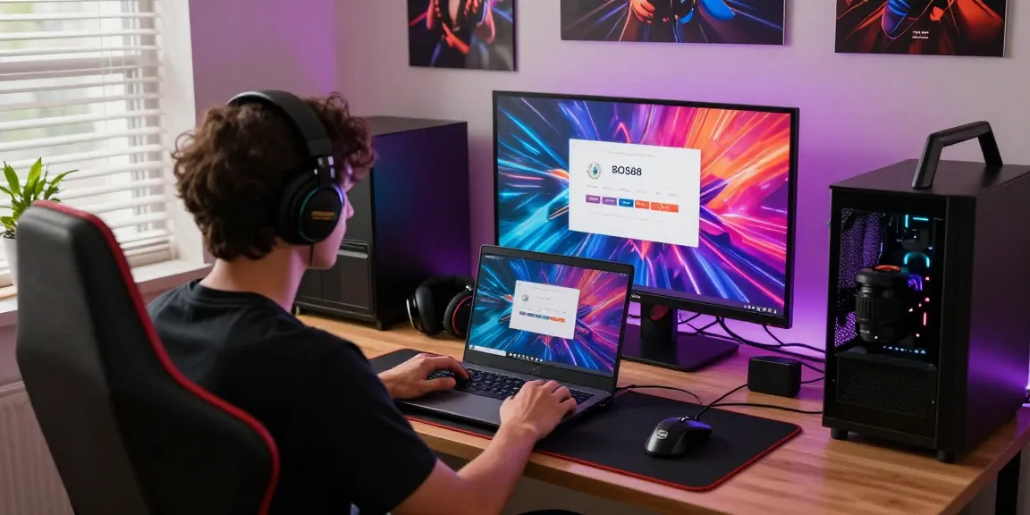 Proses Cara Login BOS88 di meja gaming modern dengan aksesori menarik.