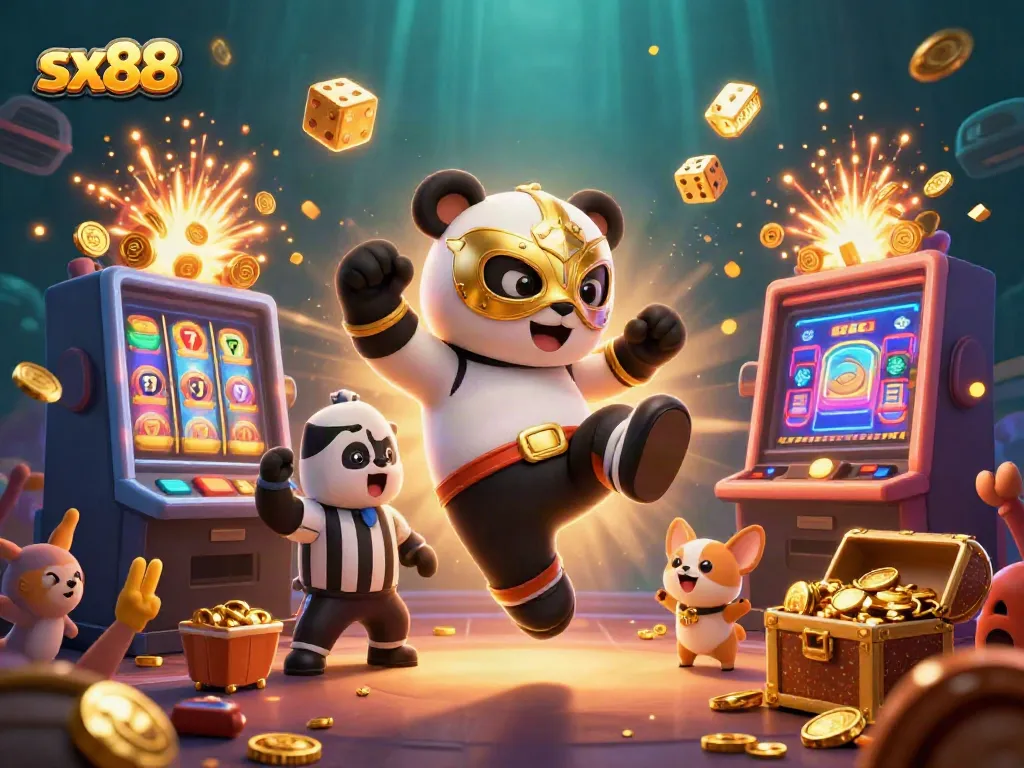 Experience the thrilling jackpot action at sx88 with cartoon characters celebrating a massive win in a vibrant casino.