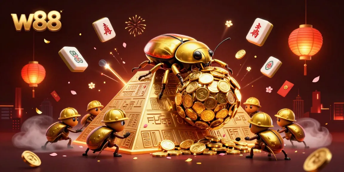 Xem w88 với bọ hung vàng khổng lồ cuốn những đồng xu vàng trên kim tự tháp, tạo không khí casino sôi động