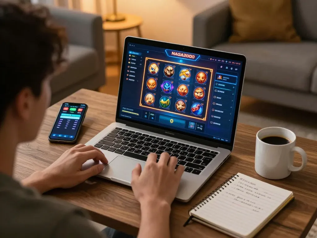 NAGA2000 player enjoys a thrilling slot gaming experience in a cozy home setting.