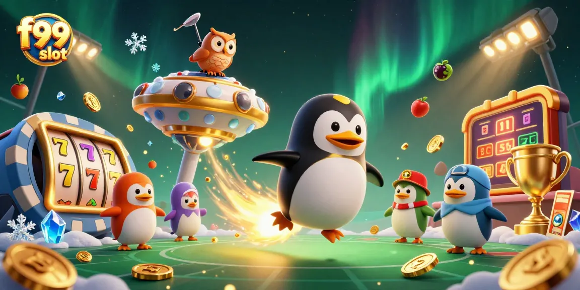 O pinguim dourado da f99 slot atravessa o espaço em direção a um cassino, cercado por símbolos de sorte.