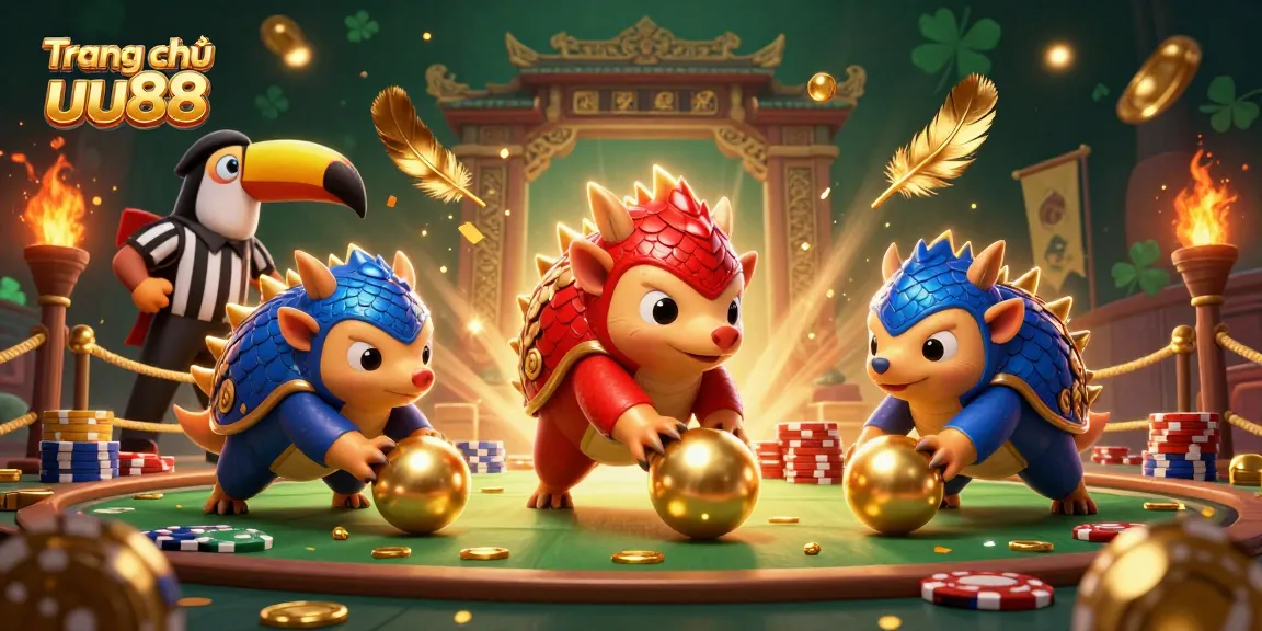 Experience thrilling moments on Trang chủ uu88 with 3D pangolins rolling golden balls and poker chips in this vibrant scene.