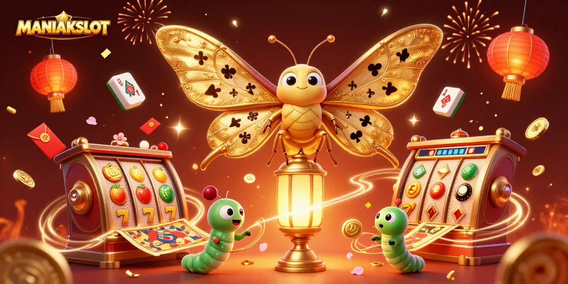Experience the thrills of MANIAKSLOT with our vibrant casino-themed illustration showcasing a majestic atlas moth.