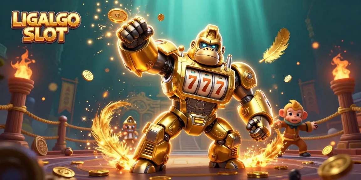 Experience the vibrant action of LIGALGO SLOT with a golden gorilla mech amidst a lively casino backdrop.