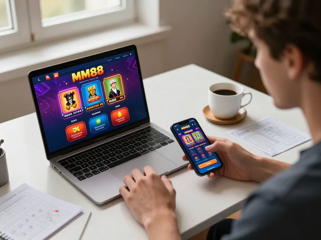 Engaged player using MM88 app for online casino gaming at home with strategy notes