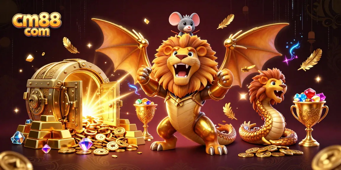 Experience stunning gameplay at cm88 com with a dynamic illustration showcasing a roaring chimera in golden armor surrounded by treasure.