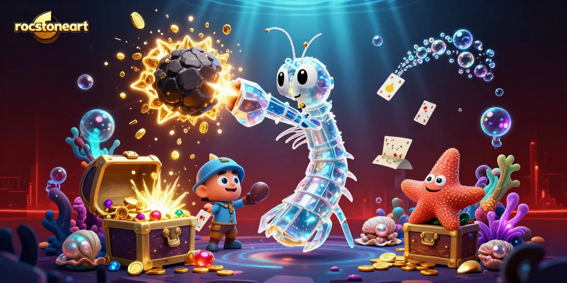 Experience thrilling gambling adventures with rocstoneart's vibrant 3D illustration featuring gaming treasures.