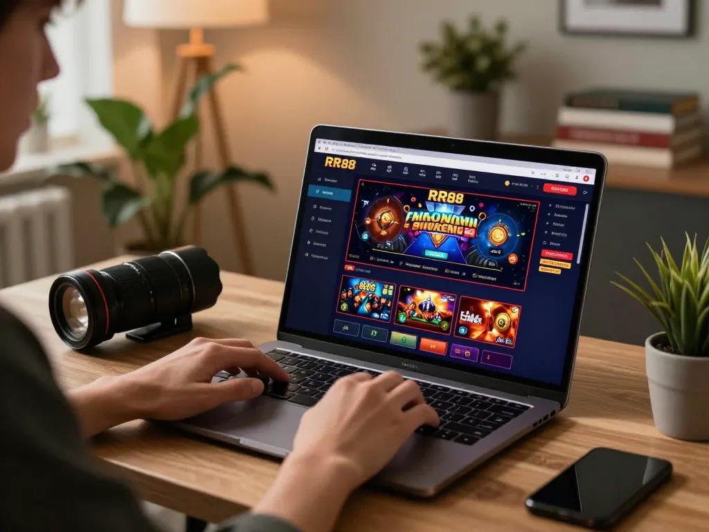 Player engages with RR88 online casino platform on a laptop, showcasing a warm home office setting.