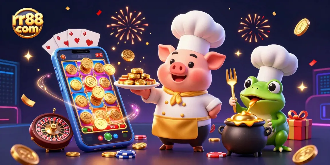 Win big with rr88 com's exciting casino games showcased in a festive 3D illustration.