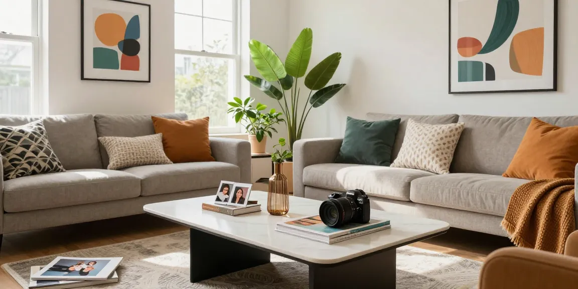 Modern stylish living area showcasing interior design with plants and decorative elements.