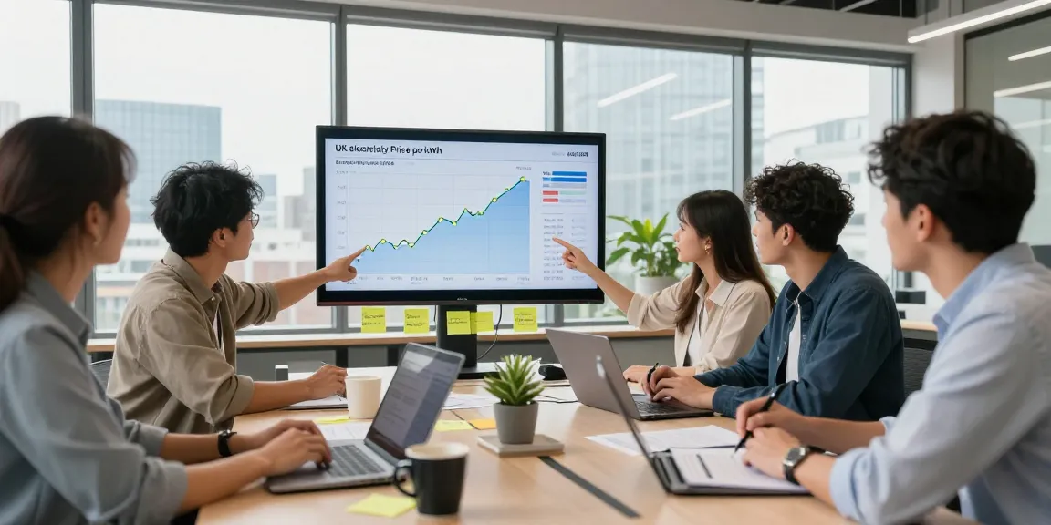 Team analyzing uk electricity price per kwh april 2026 trends in a modern office.