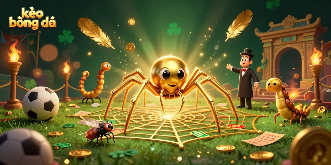 Place bets securely with kèo bóng đá on an immersive sports betting scene featuring a cartoon spider and croupier.