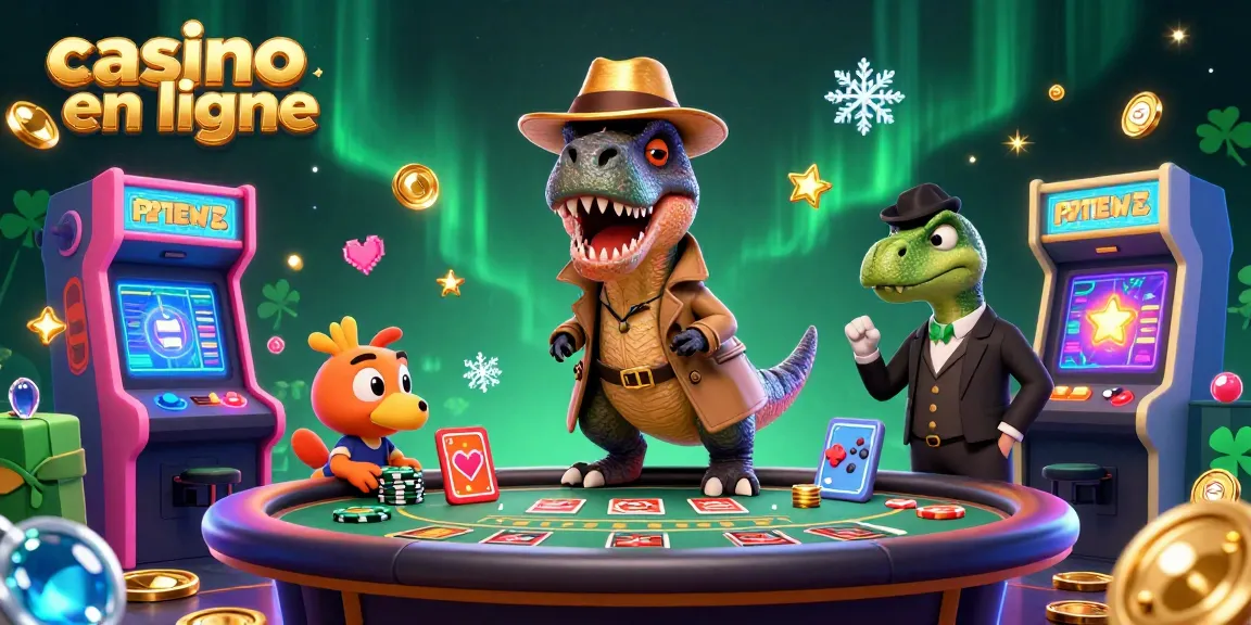Le casino en ligne présente un velociraptor jouant aux cartes au blackjack, entouré de jeux vidéo colorés et d'effets brillants.