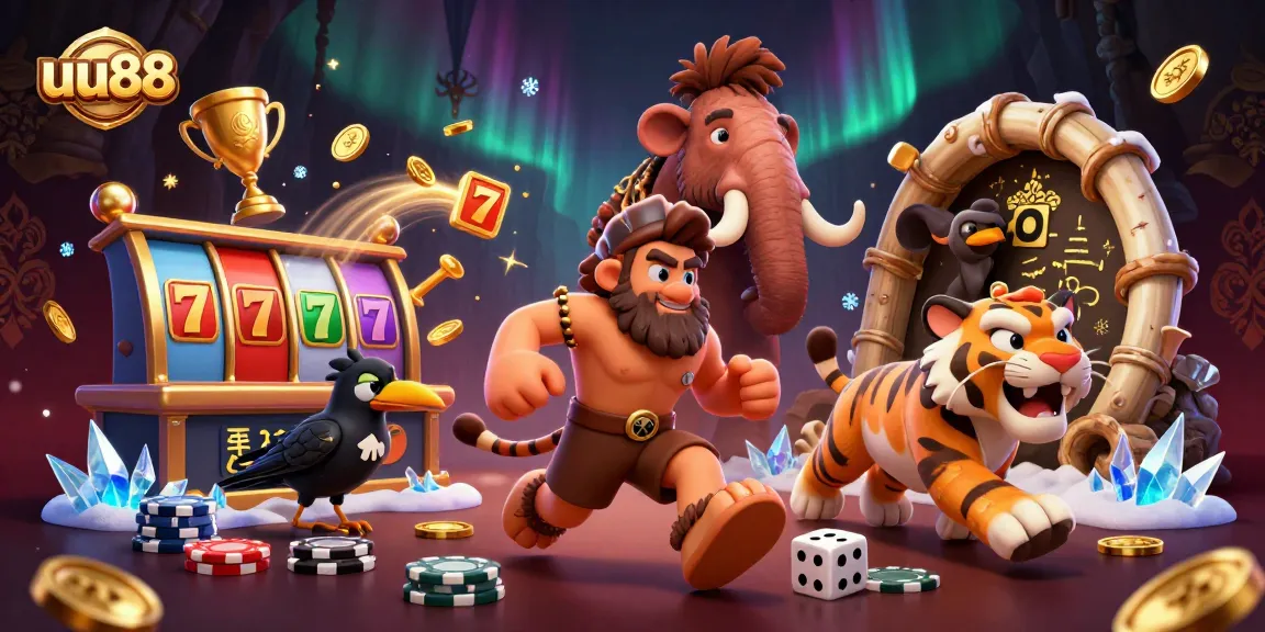 Experience thrilling gameplay at uu88 with a dynamic illustration celebrating a lively prehistoric casino.