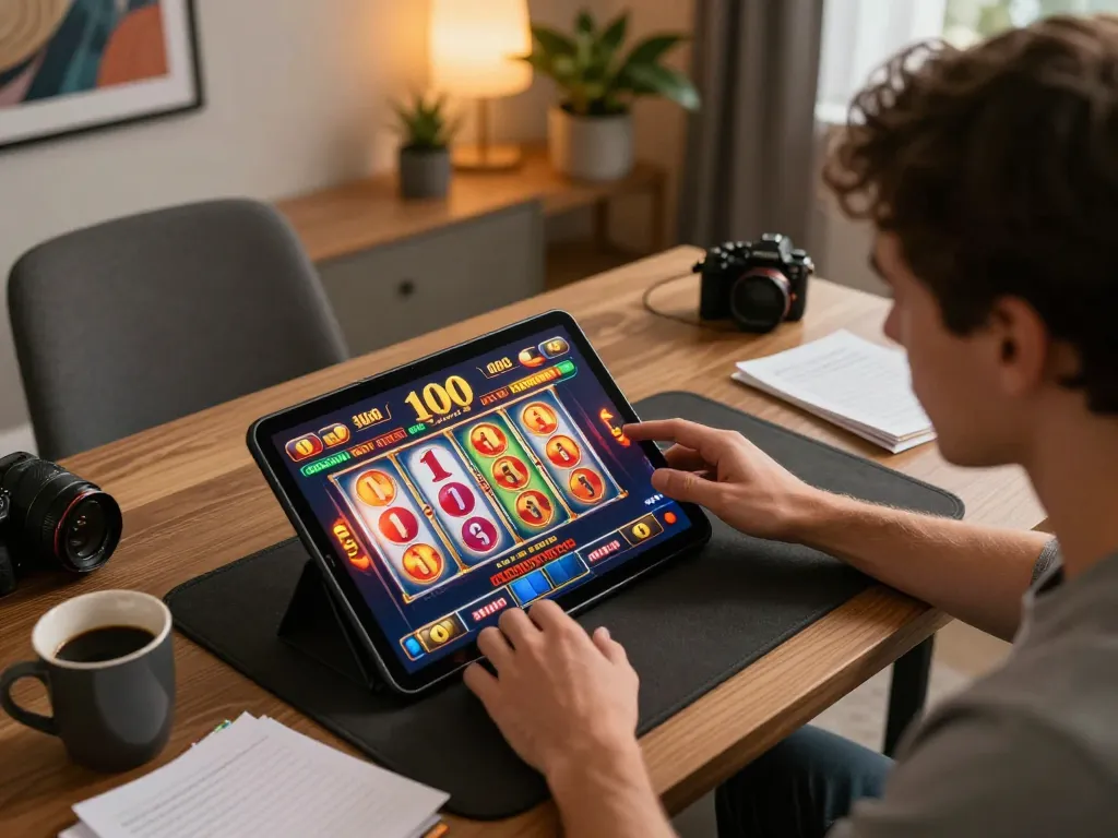 Engaging player strategizing a slot bet 100 session at home, focused and immersed in the gameplay.