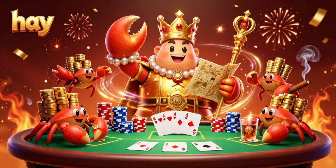 Experience the vibrant world of hay with a golden crab emperor ruling over a thrilling poker scene.