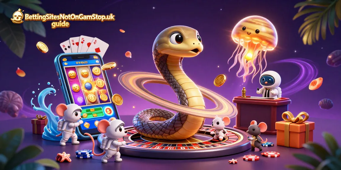 Engage with the BettingSitesNotOnGamStop.uk guide in an exciting casino-themed cosmic betting scene.