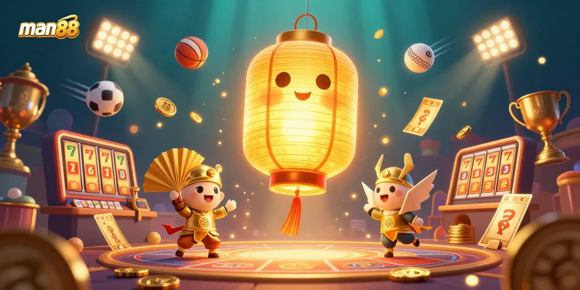 Engage with man88's thrilling casino atmosphere featuring dynamic slot reels and golden lanterns.
